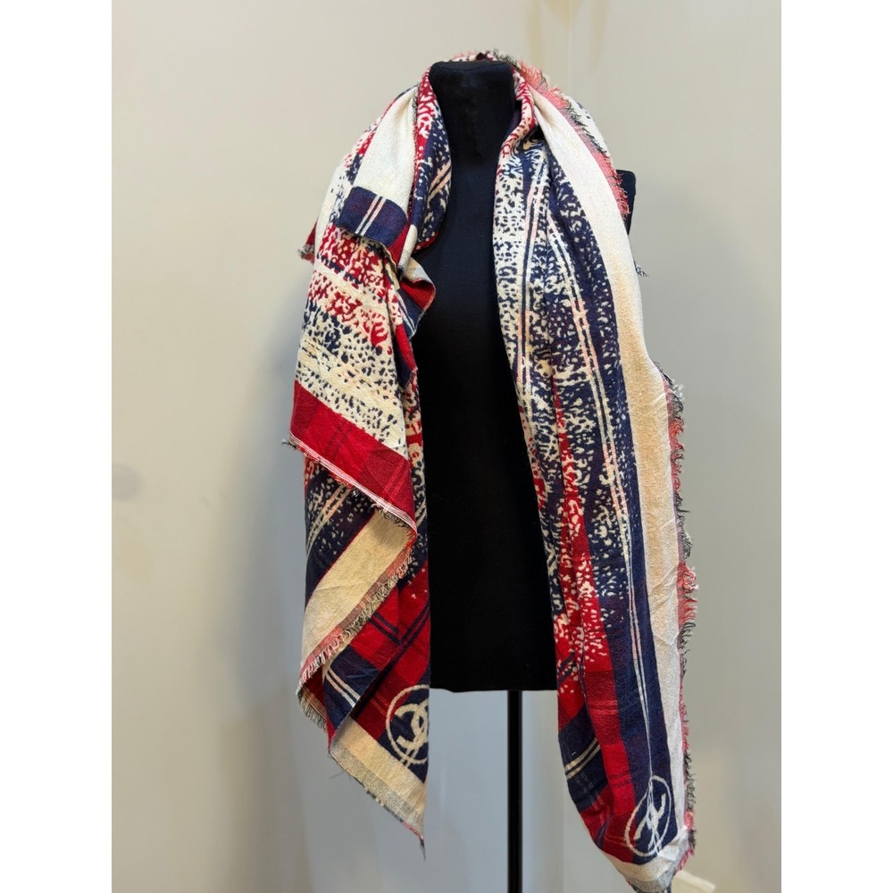 Chanel Oversized Scarf Shawl Wrap Red Navy Blue Cream Plaid Logo Frayed Edge